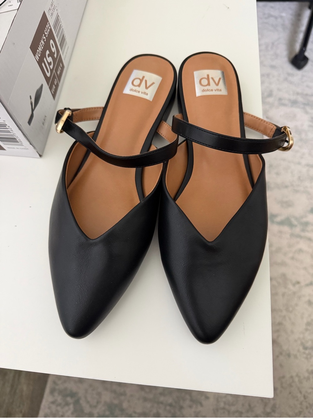 Dolce Vita Black Pointed Slingback Flats with Gold Buckle